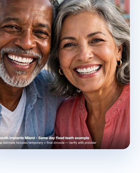 Smiling couple showing fixed full-arch zirconia result — example result, owned image couple_final.jpg, results vary, proof retained